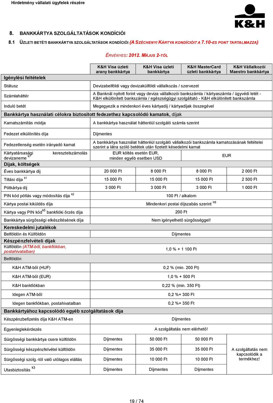 MasterCard üzleti bankkártya K&H Vállalkozói Maestro bankkártya A Banknál nyitott forint vagy deviza vállalkozói bankszámla / kártyaszámla / ügyvédi letét - K&H elkülönített bankszámla / egészségügyi