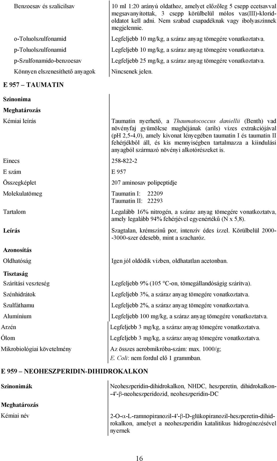 Legfeljebb 10 mg/kg, a száraz anyag tömegére Legfeljebb 10 mg/kg, a száraz anyag tömegére Legfeljebb 25 mg/kg, a száraz anyag tömegére Nincsenek jelen.