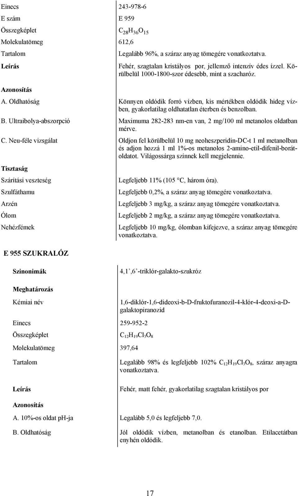 Ultraibolya-abszorpció Maximuma 282-283 nm-en van, 2 mg/100 ml metanolos oldatban mérve. C.