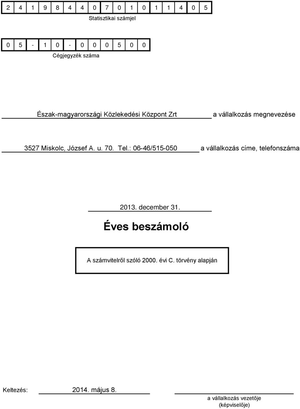 70. Tel.: 06-46/515-050 a vállalkozás címe, telefonszáma 2013. december 31.