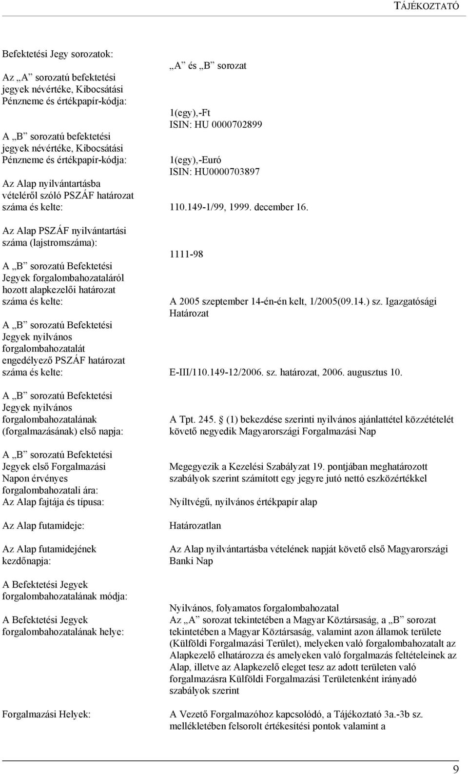 Az Alap PSZÁF nyilvántartási száma (lajstromszáma): A B sorozatú Befektetési Jegyek forgalombahozataláról hozott alapkezelői határozat száma és kelte: 1111-98 A 2005 szeptember 14-én-én kelt,