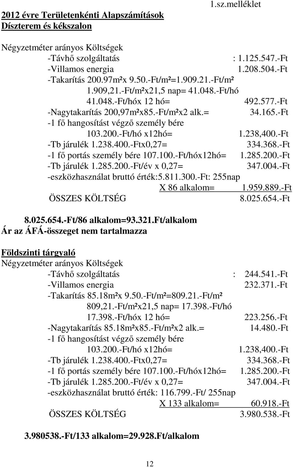 238,400.-Ft -Tb járulék 1.238.400.-Ftx0,27= 334.368.-Ft -1 fő portás személy bére 107.100.-Ft/hóx12hó= 1.285.200.-Ft -Tb járulék 1.285.200.-Ft/év x 0,27= 347.004.-Ft -eszközhasználat bruttó érték:5.