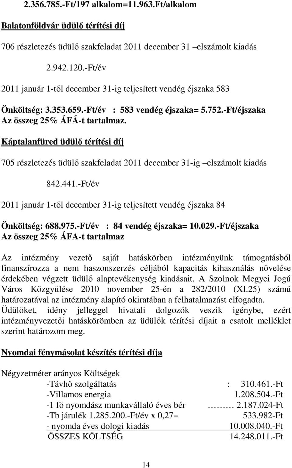 Káptalanfüred üdülő térítési díj 705 részletezés üdülő szakfeladat 2011 december 31-ig elszámolt kiadás 842.441.-Ft/év 2011 január 1-től december 31-ig teljesített vendég éjszaka 84 Önköltség: 688.