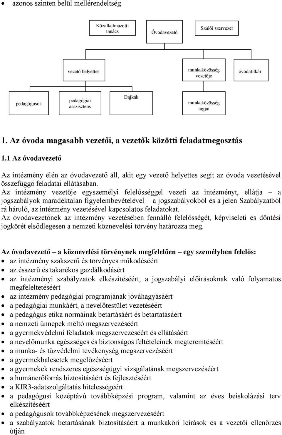 1 Az óvodavezető Az intézmény élén az óvodavezető áll, akit egy vezető helyettes segít az óvoda vezetésével összefüggő feladatai ellátásában.