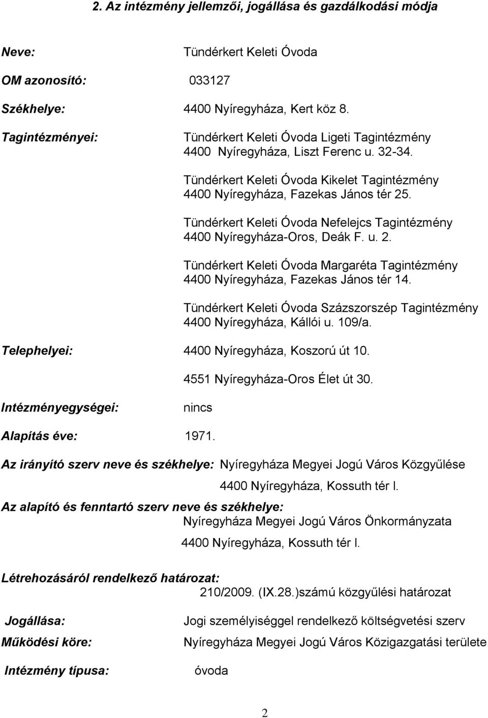 Tündérkert Keleti Óvoda Nefelejcs Tagintézmény 4400 Nyíregyháza-Oros, Deák F. u. 2. Tündérkert Keleti Óvoda Margaréta Tagintézmény 4400 Nyíregyháza, Fazekas János tér 14.