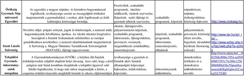 Nevelési céljai: polgári erények, jogok és kötelességek, a nemzeti múlt, hagyományaink felvállalása, ápolása.