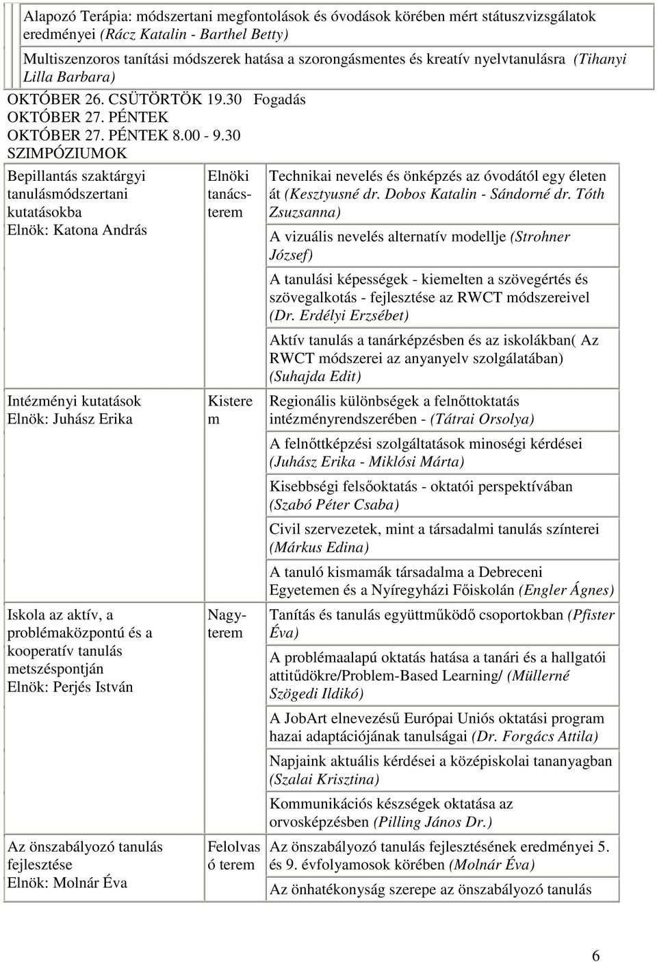 30 SZIMPÓZIUMOK Bepillantás szaktárgyi tanulásmódszertani kutatásokba Katona András Intézményi kutatások Juhász Erika Iskola az aktív, a problémaközpontú és a kooperatív tanulás metszéspontján Perjés