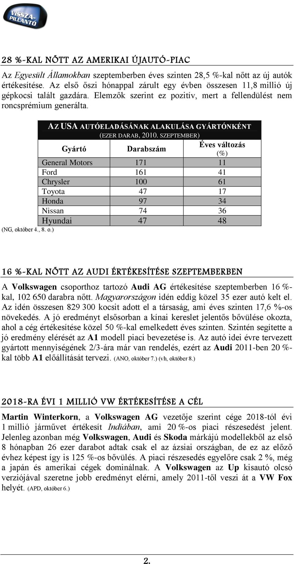 AZ USA AUTÓELADÁSÁNAK ALAKULÁSA GYÁRTÓNKÉNT (EZER DARAB, 2010.