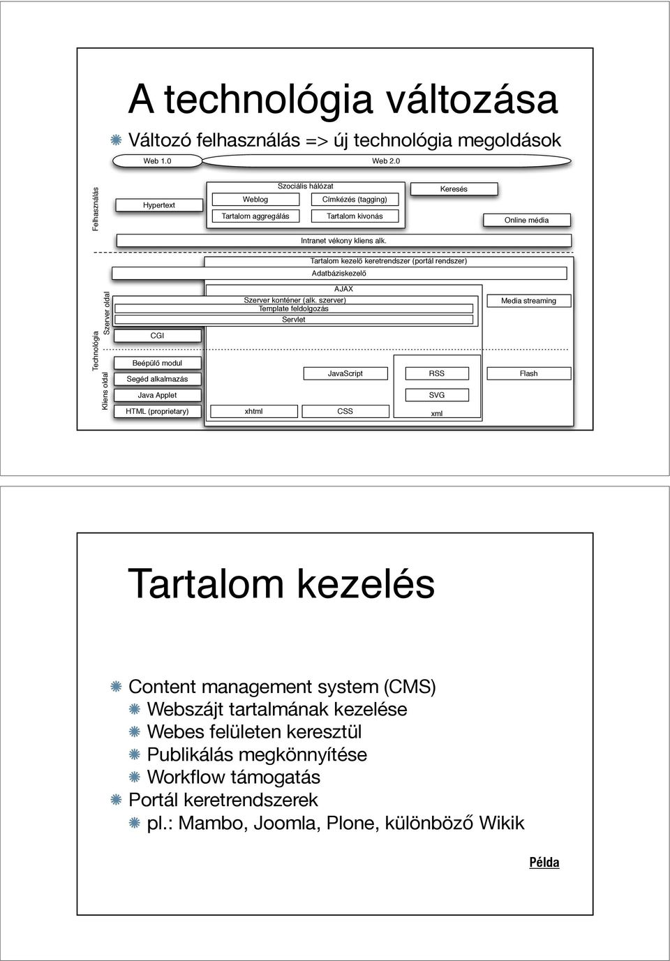 szerver) Template feldolgozás Servlet Címkézés (tagging) Tartalom kivonás Intranet vékony kliens alk.