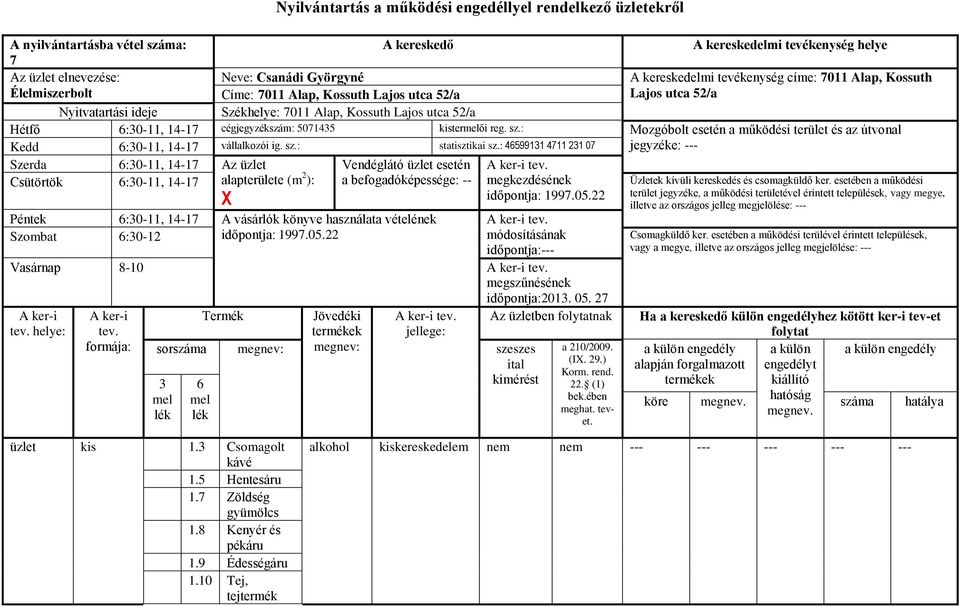 : Mozgóbolt esetén a működési terület és az útvonal Kedd :0-11, 14-17 vállalkozói ig. sz.: statisztikai sz.