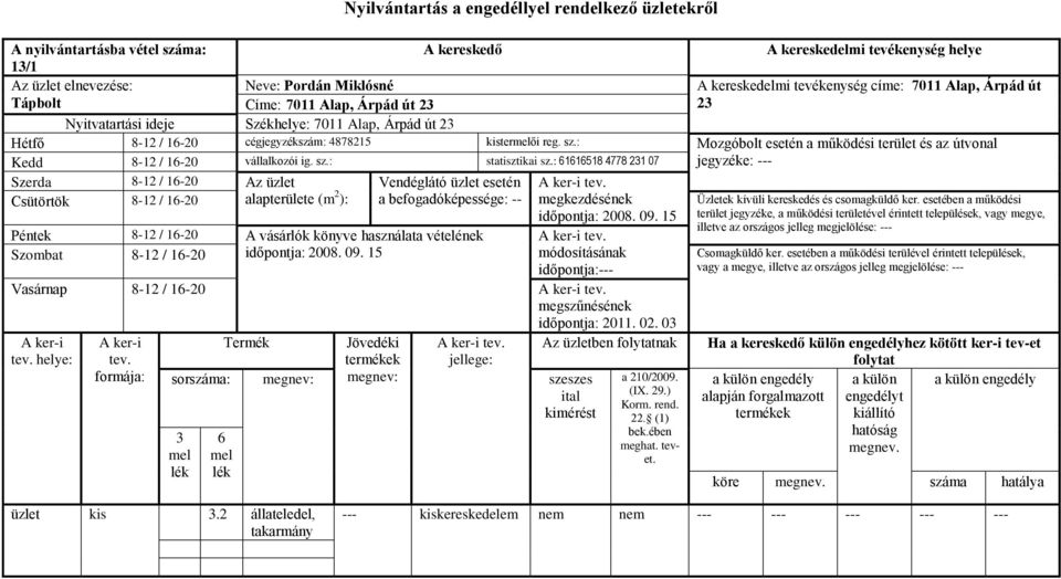 : 11518 4778 21 07 jegyzéke: --- Szerda 8-12 / 1-20 Az üzlet Vendéglátó üzlet esetén Csütörtök 8-12 / 1-20 alapterülete (m 2 ): a befogadóképessége: -- megkezdésének időpontja: 2008. 09.