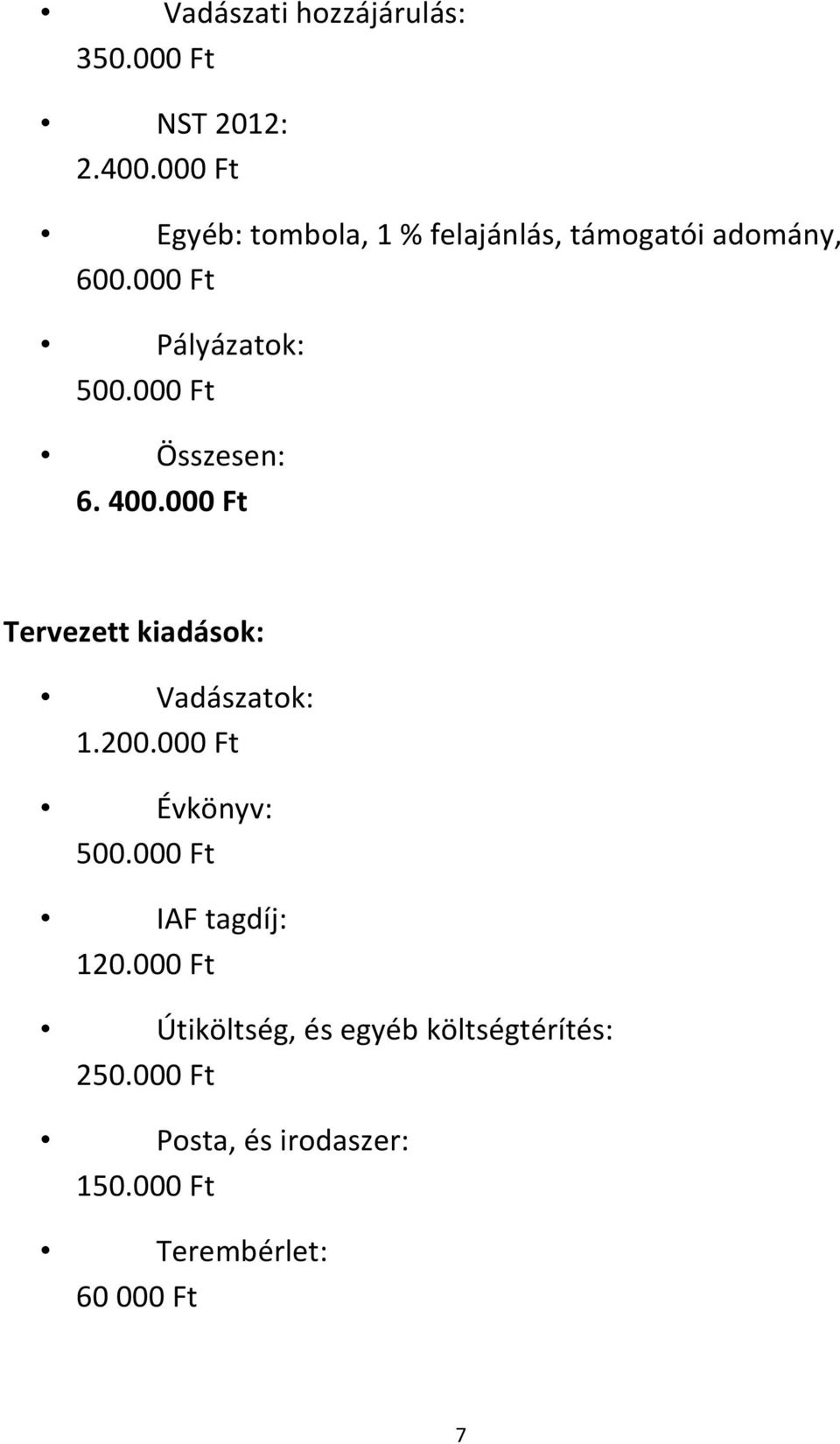 000 Ft Összesen: 6. 400.000 Ft Tervezett kiadások: Vadászatok: 1.200.000 Ft Évkönyv: 500.