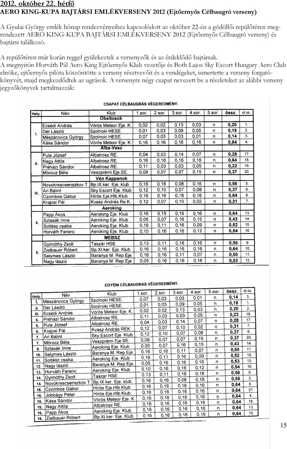 megrendezett AERO KING-KUPA BAJTÁRSI EMLÉKVERSENY 2012 (Ejtőernyős Célbaugró verseny) és bajtársi találkozó.