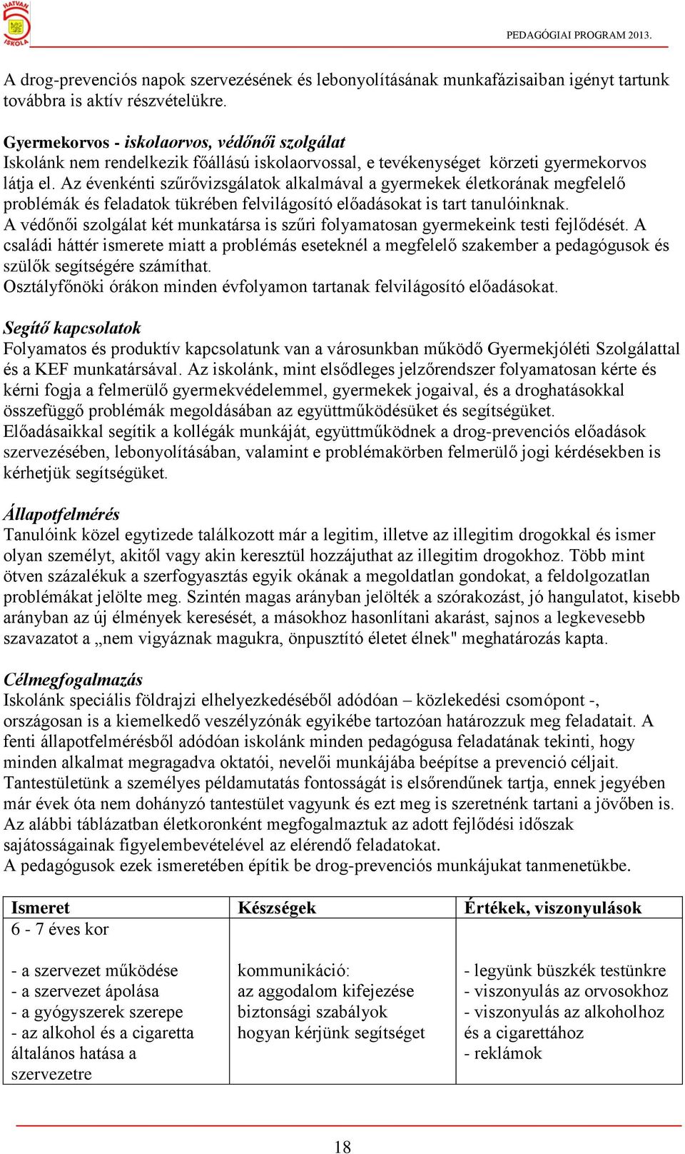 Az évenkénti szűrővizsgálatok alkalmával a gyermekek életkorának megfelelő problémák és feladatok tükrében felvilágosító előadásokat is tart tanulóinknak.