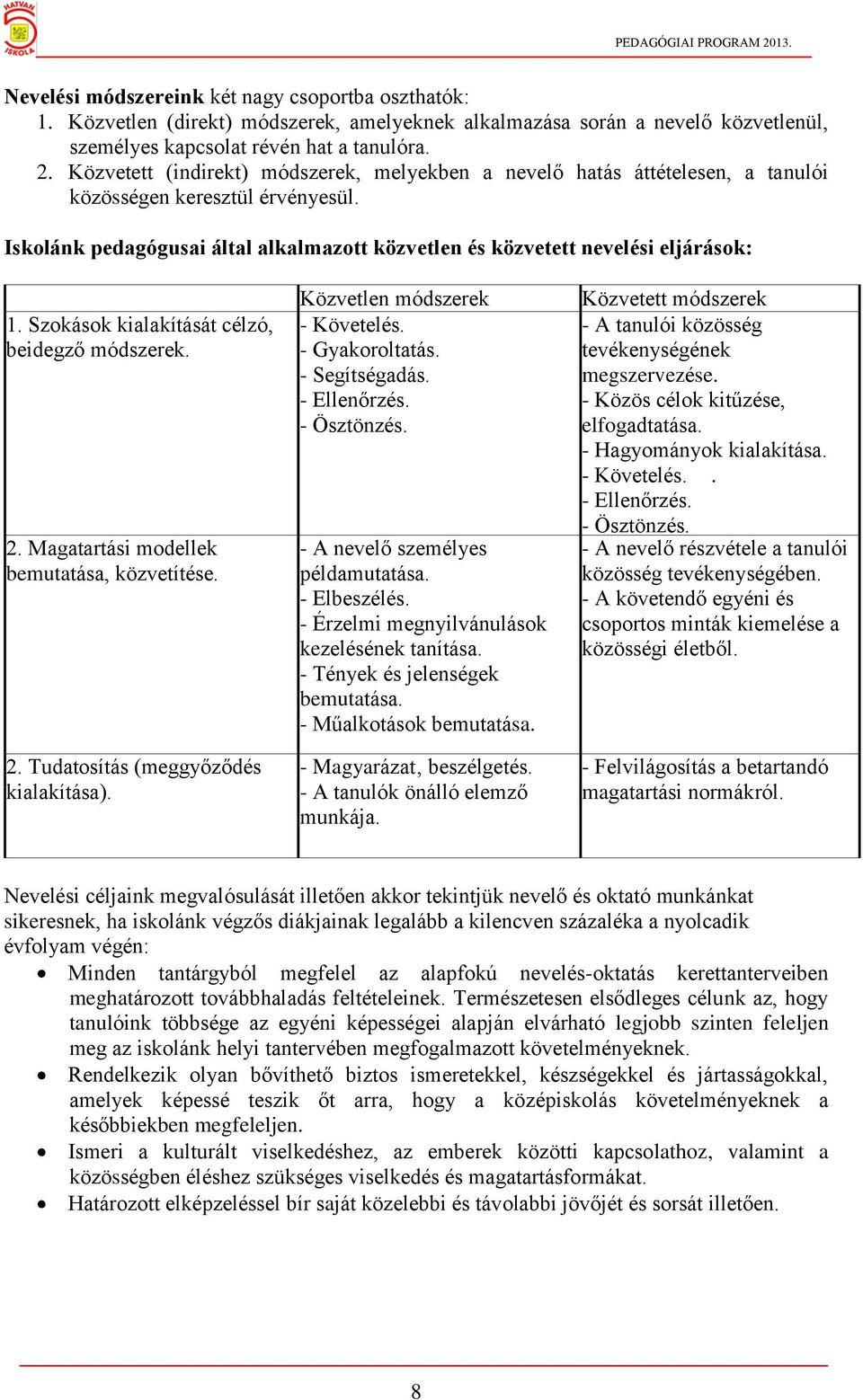 Szokások kialakítását célzó, beidegző módszerek. 2. Magatartási modellek bemutatása, közvetítése. 2. Tudatosítás (meggyőződés kialakítása). Közvetlen módszerek - Követelés. - Gyakoroltatás.