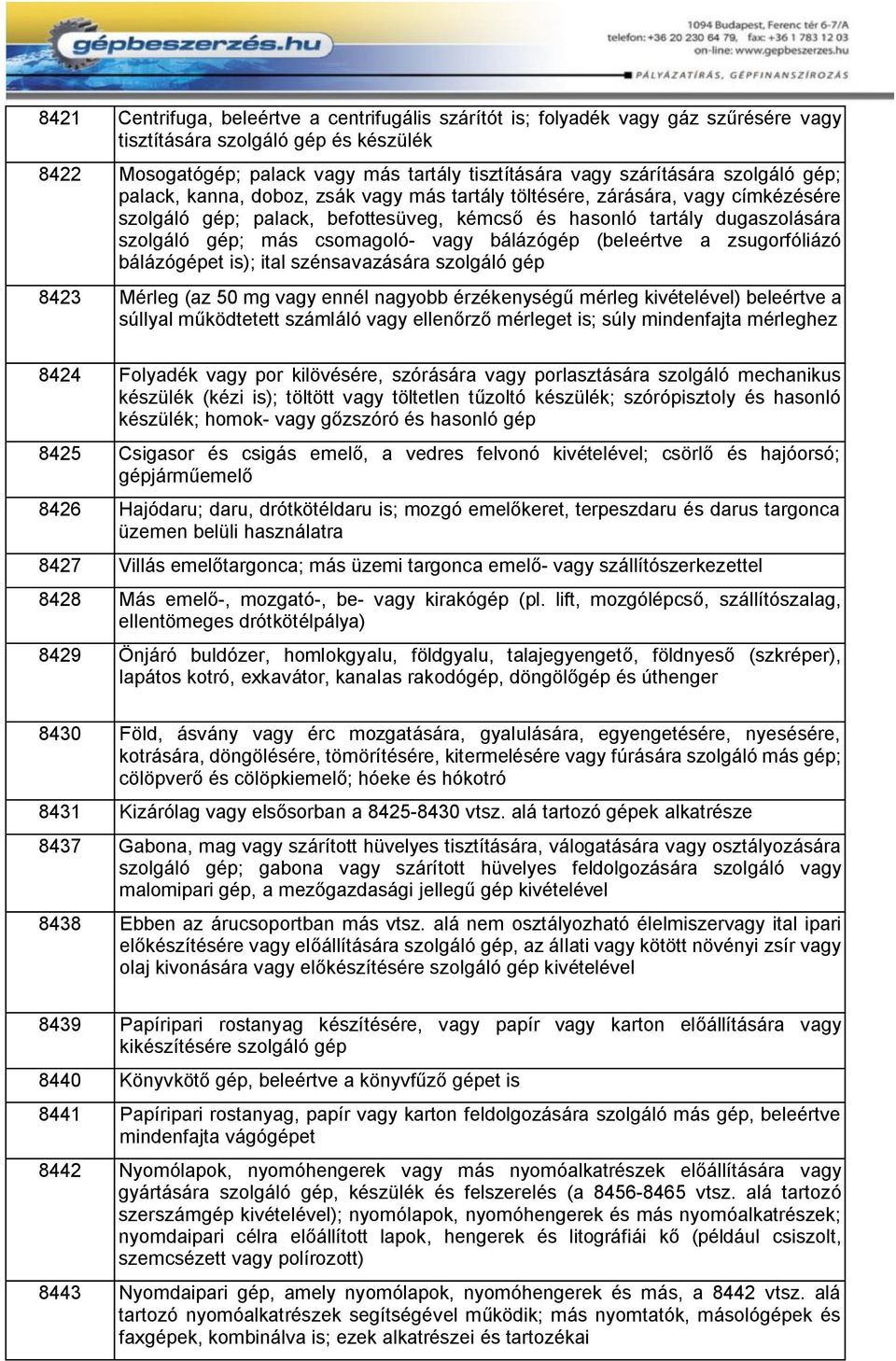 csomagoló- vagy bálázógép (beleértve a zsugorfóliázó bálázógépet is); ital szénsavazására szolgáló gép 8423 Mérleg (az 50 mg vagy ennél nagyobb érzékenységű mérleg kivételével) beleértve a súllyal