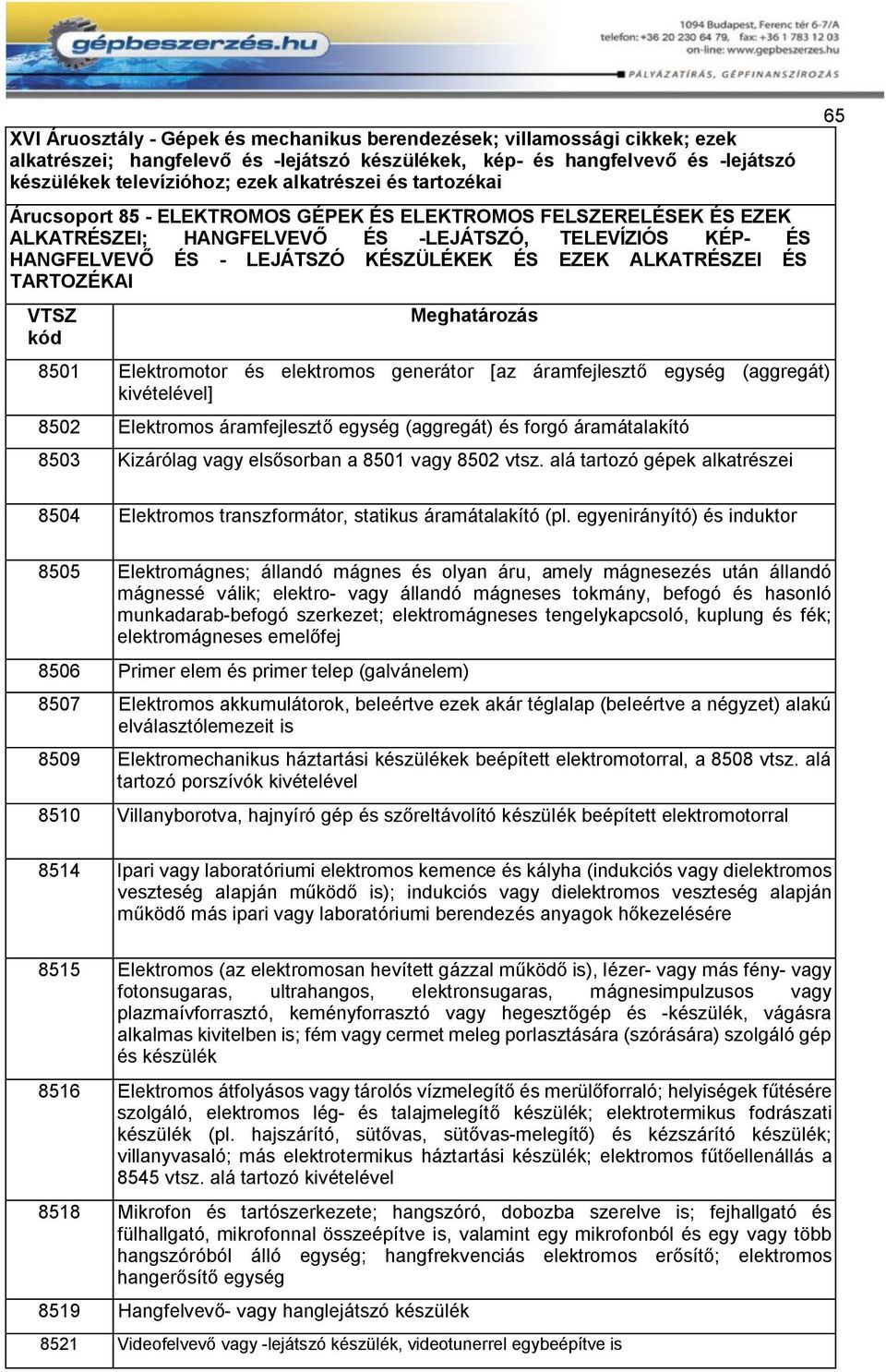 ALKATRÉSZEI ÉS TARTOZÉKAI VTSZ kód Meghatározás 8501 Elektromotor és elektromos generátor [az áramfejlesztő egység (aggregát) kivételével] 8502 Elektromos áramfejlesztő egység (aggregát) és forgó