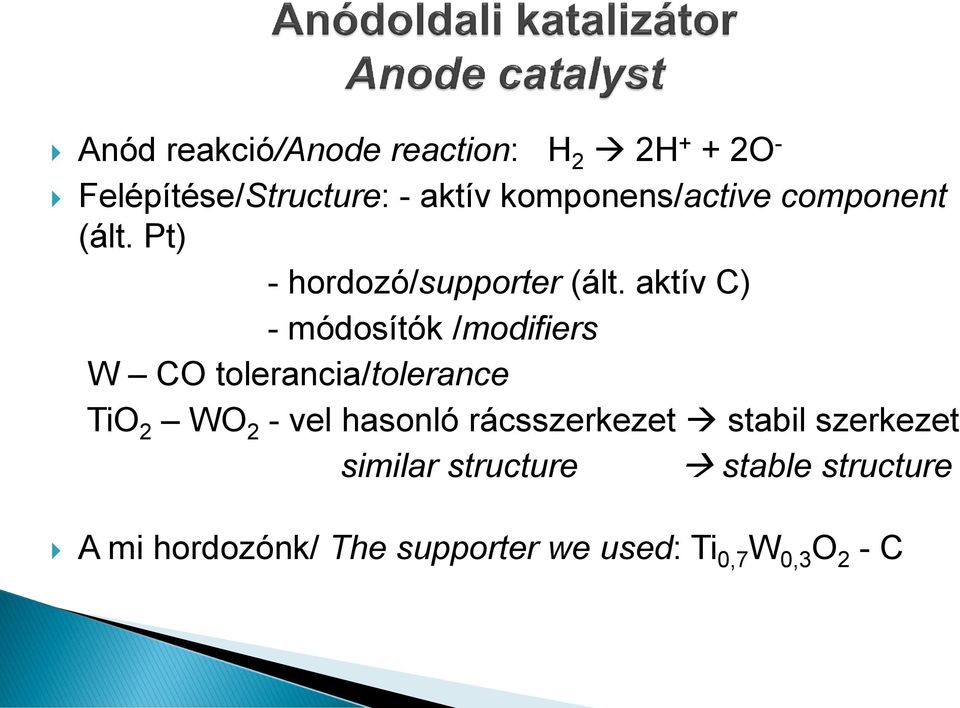 aktív C) - módosítók /modifiers W CO tolerancia/tolerance TiO 2 WO 2 - vel hasonló
