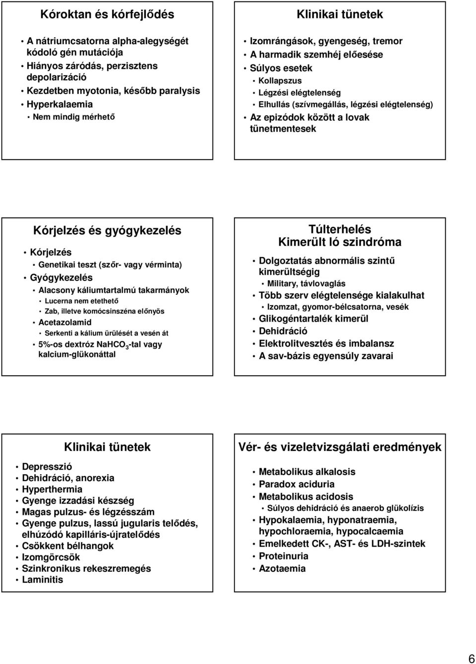 Kórjelzés és gyógykezelés Kórjelzés Genetikai teszt (szőr- vagy vérminta) káliumtartalmú takarmányok Lucerna nem etethető Zab, illetve komócsinszéna előnyös Acetazolamid Serkenti a kálium ürülését a