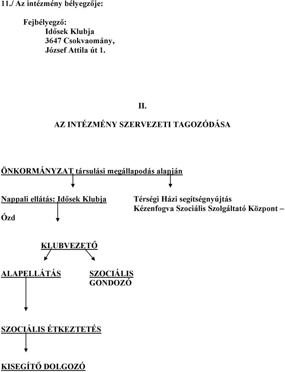 AZ INTÉZMÉNY SZERVEZETI TAGOZÓDÁSA ÖNKORMÁNYZAT társulási megállapodás alapján Nappali