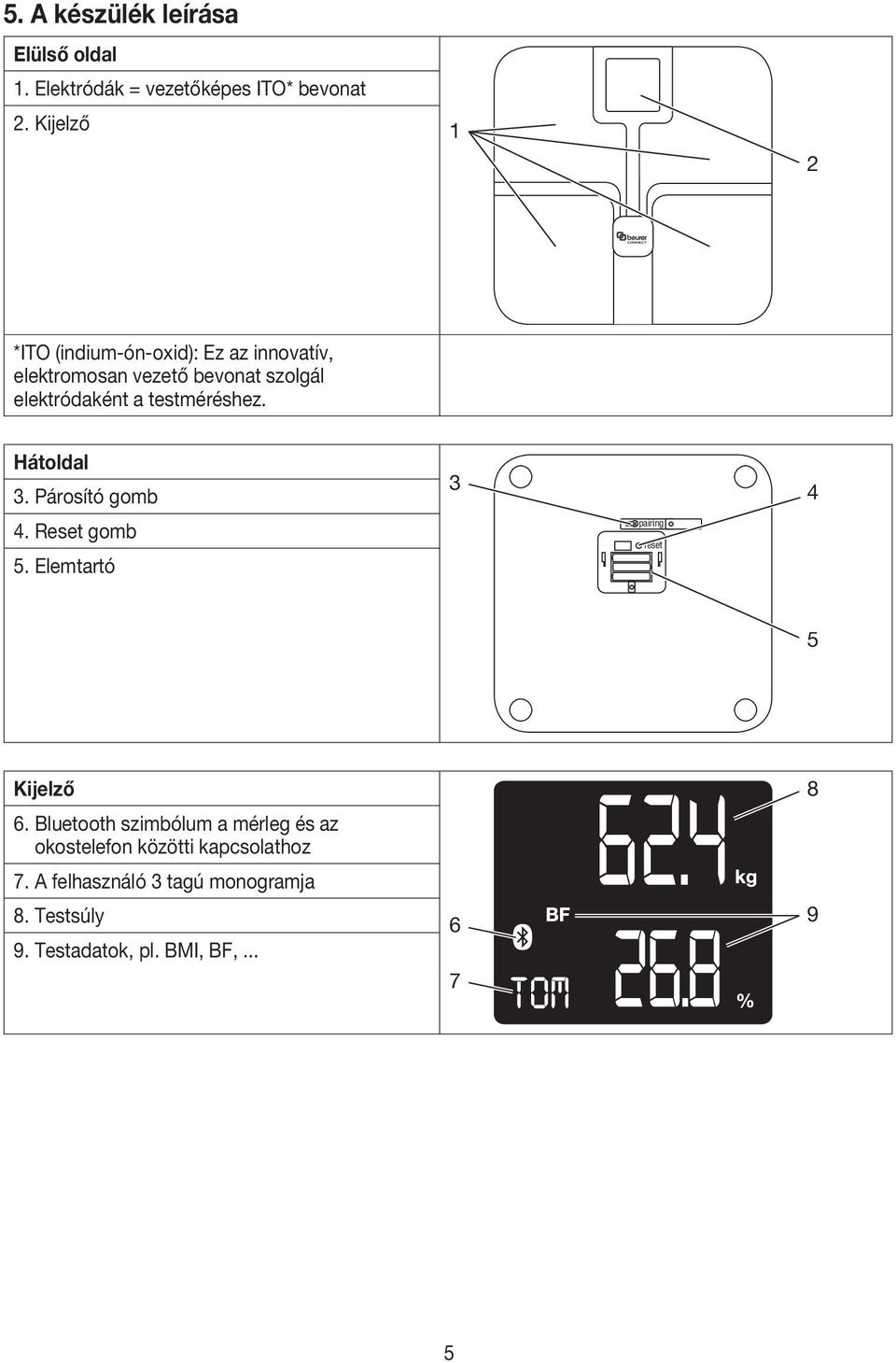 testméréshez. Hátoldal 3. Párosító gomb 4. Reset gomb 5. Elemtartó 3 pairing reset 4 5 Kijelző 8 6.