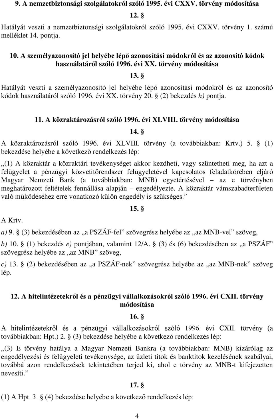 Hatályát veszti a személyazonosító jel helyébe lépő azonosítási módokról és az azonosító kódok használatáról szóló 1996. évi XX. törvény 20. (2) bekezdés h) pontja. 11. A közraktározásról szóló 1996.