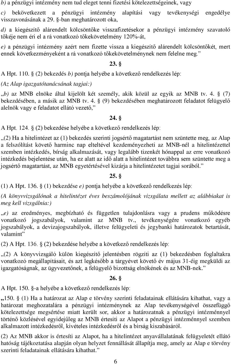 nem fizette vissza a kiegészítő alárendelt kölcsöntőkét, mert ennek következményeként a rá vonatkozó tőkekövetelménynek nem felelne meg. 23. A Hpt. 110.