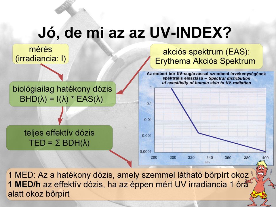 biológiailag hatékony dózis BHD(λ) = I(λ) * EAS(λ) teljes effektív dózis TED = Σ