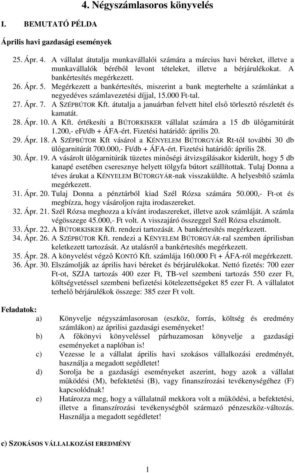 átutalja a januárban felvett hitel első törlesztő részletét és kamatát. 28. Ápr. 10. A Kft. értékesíti a BÚTORKISKER vállalat számára a 15 db ülőgarnitúrát 1.200,- eft/db + ÁFA-ért.