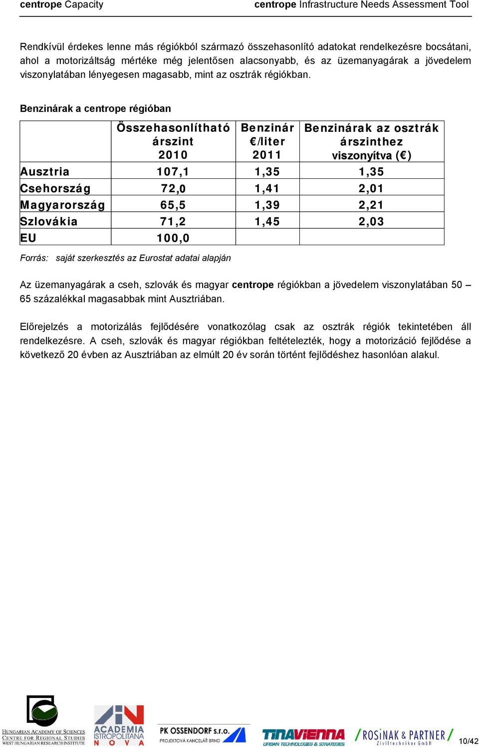 Benzinárak a centrope régióban Összehasonlítható Benzinár Benzinárak az osztrák árszint /liter árszinthez 2010 2011 viszonyítva ( ) Ausztria 107,1 1,35 1,35 Csehország 72,0 1,41 2,01 Magyarország