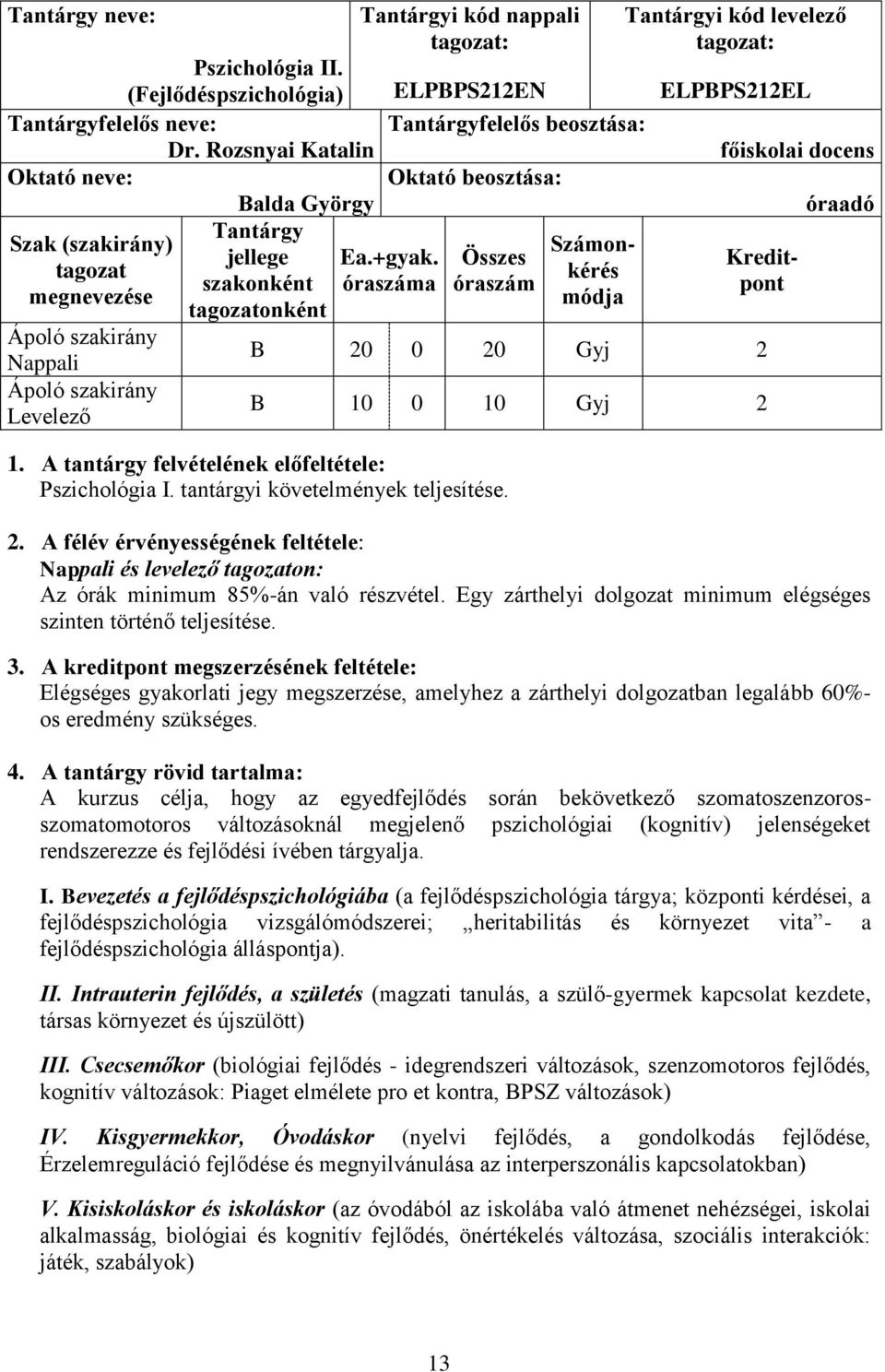 Összes Kredittagozat kérés szakonként óraszáma óraszám pont módja szakirány Nappali B 20 0 20 Gyj 2 szakirány Levelező B 10 0 10 Gyj 2 Pszichológia I. tantárgyi követelmények teljesítése.