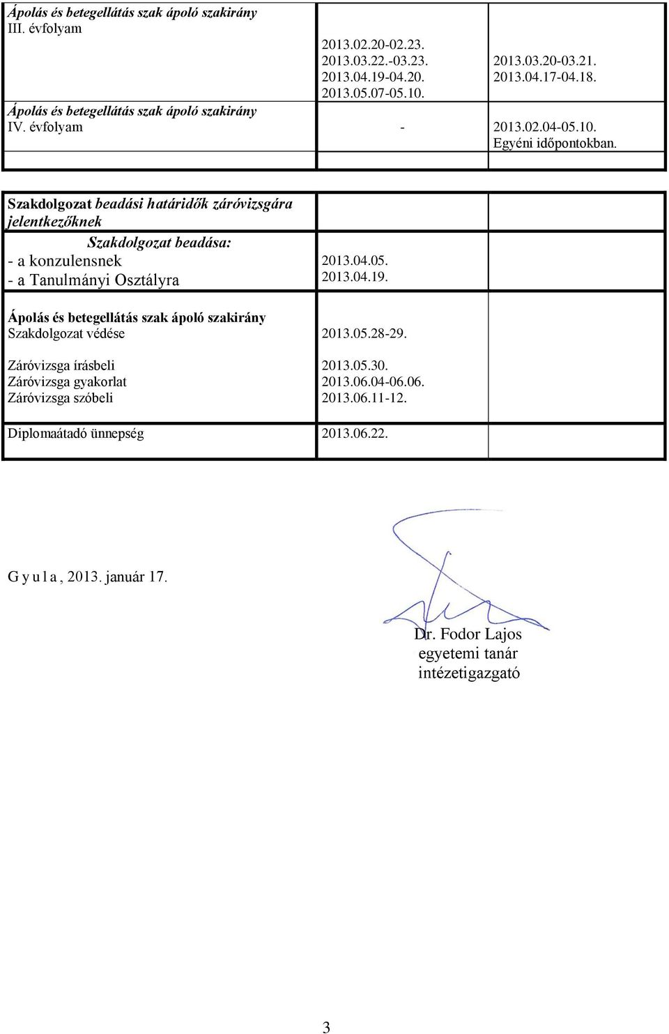 Szakdolgozat beadási határidők záróvizsgára jelentkezőknek Szakdolgozat beadása: - a konzulensnek - a Tanulmányi Osztályra Ápolás és betegellátás szak ápoló szakirány