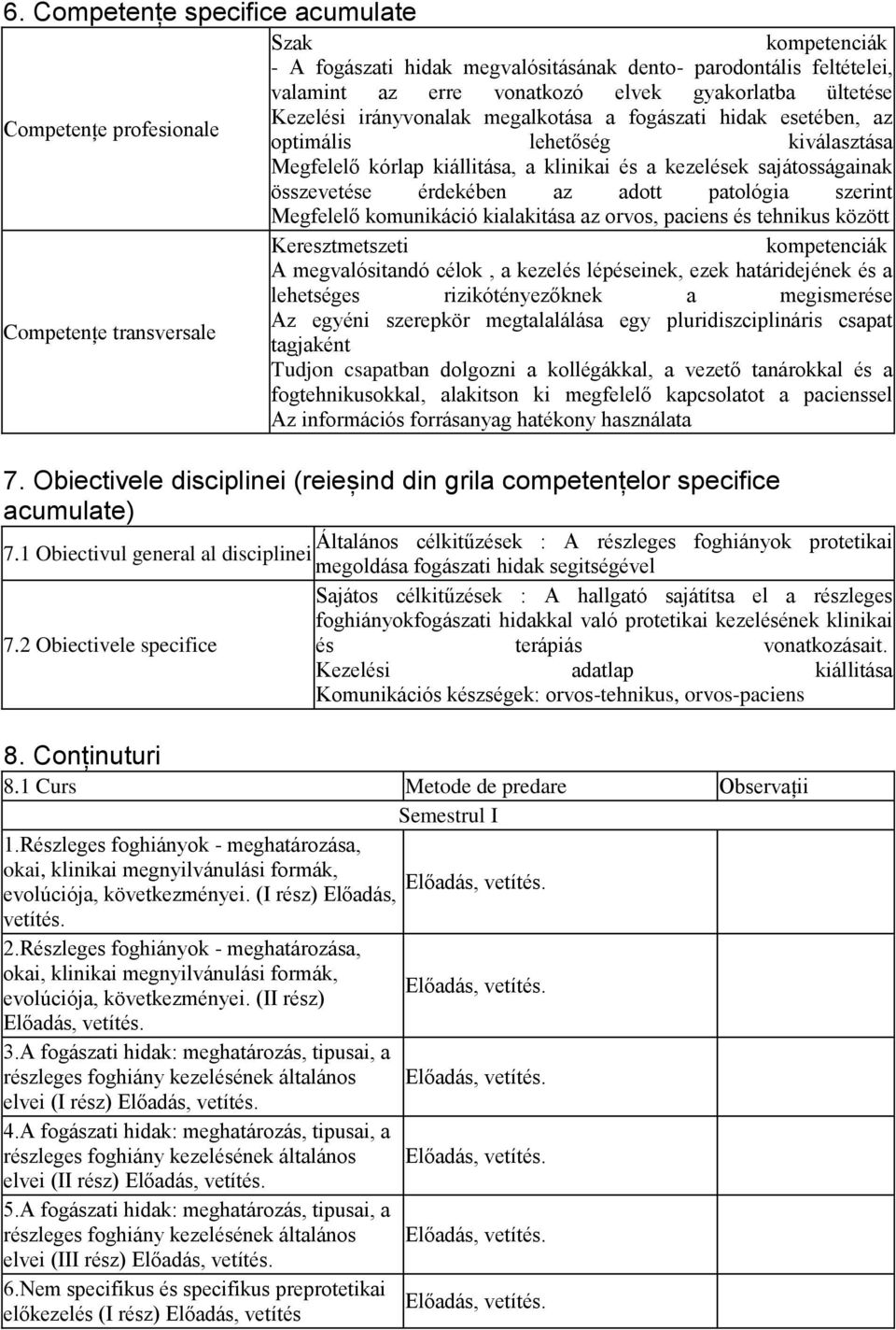 összevetése érdekében az adott patológia szerint Megfelelő komunikáció kialakitása az orvos, paciens és tehnikus között Keresztmetszeti kompetenciák A megvalósitandó célok, a kezelés lépéseinek, ezek