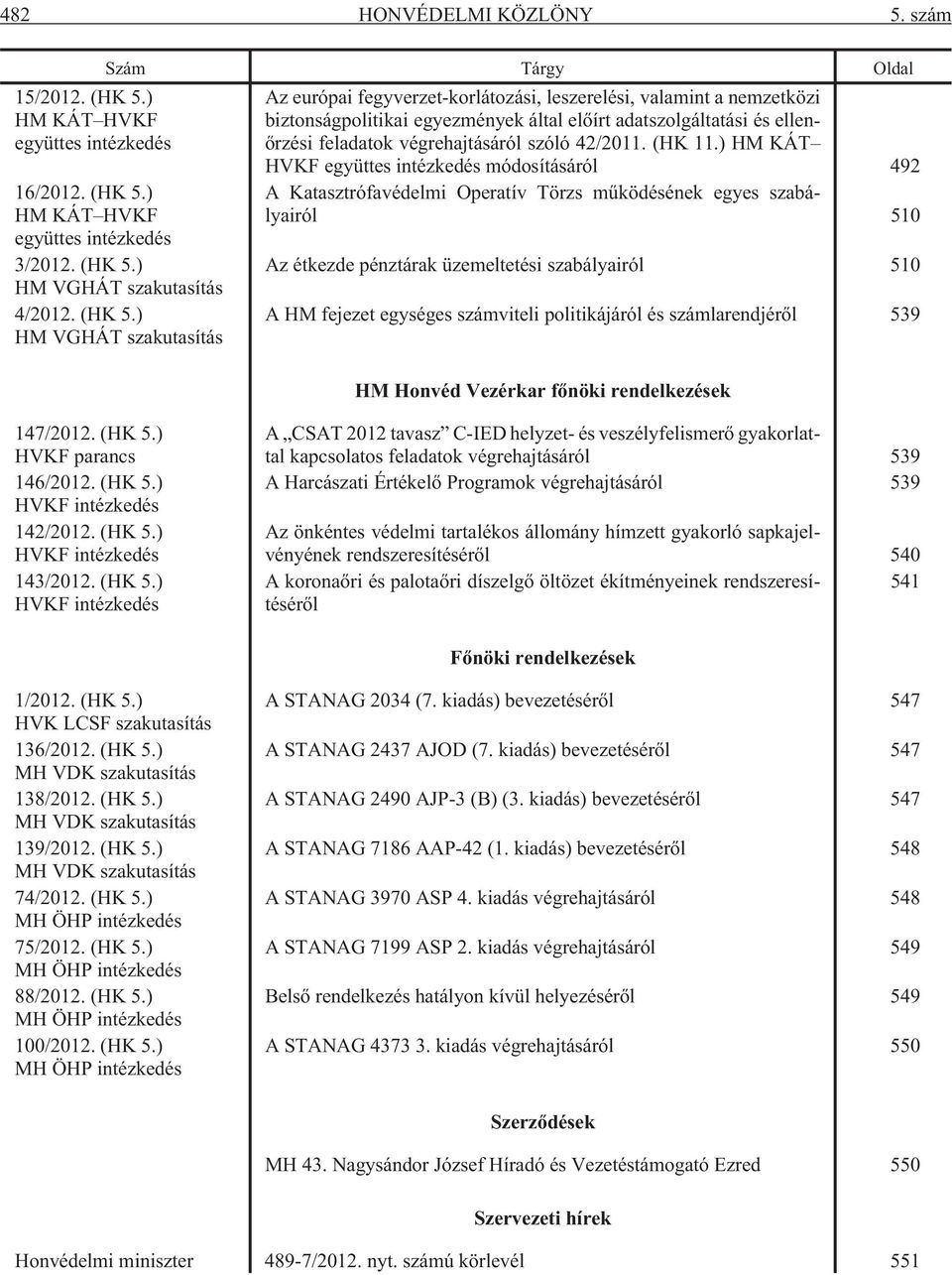 ) HM KÁT HVKF együttes intézkedés 3/2012. (HK 5.