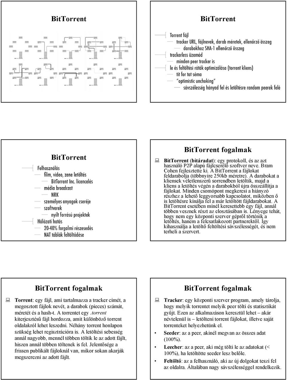 Minden csomópont megkeresi a hiányzó részhez a lehető leggyorsabb kapcsolatot, miközben ő is letöltésre kínálja fel a már letöltött fájldarabokat.