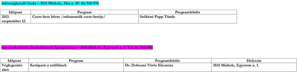 Gyermekvédelmi Szakellátások Igazgatósága 3515 Miskolc, Egyetem u. 1.