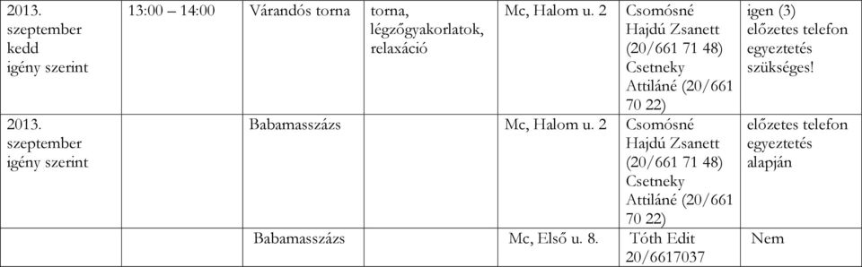 2 Csomósné Hajdú Zsanett (20/661 71 48) Csetneky Attiláné (20/661 70 22) Babamasszázs Mc, Halom u.