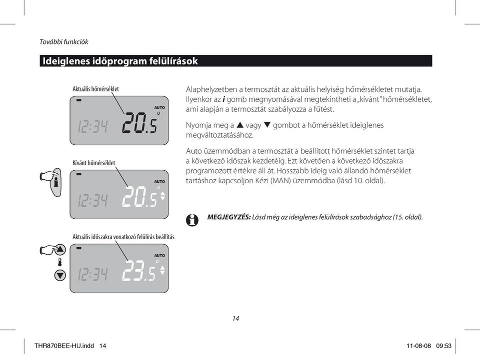 Auto üzemmódban a termosztát a beállított hőmérséklet szintet tartja a következő időszak kezdetéig. Ezt követően a következő időszakra programozott értékre áll át.