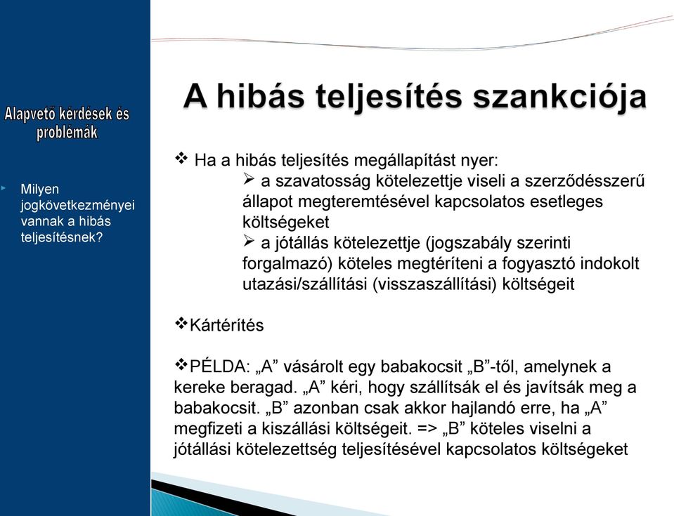 kötelezettje (jogszabály szerinti forgalmazó) köteles megtéríteni a fogyasztó indokolt utazási/szállítási (visszaszállítási) költségeit Kártérítés PÉLDA: A