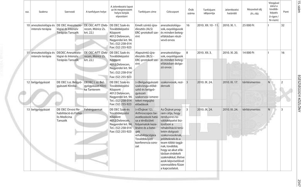 Belgyógyászati Klinika Tanterem 13 belgyógyászat DE OEC Orvosi Rehabilitáció és Fizikális Medicina Tanszék Fehérgyarmat A lapot az itt megnevezett helyre kérjük elpostázni Tanfolyam címe