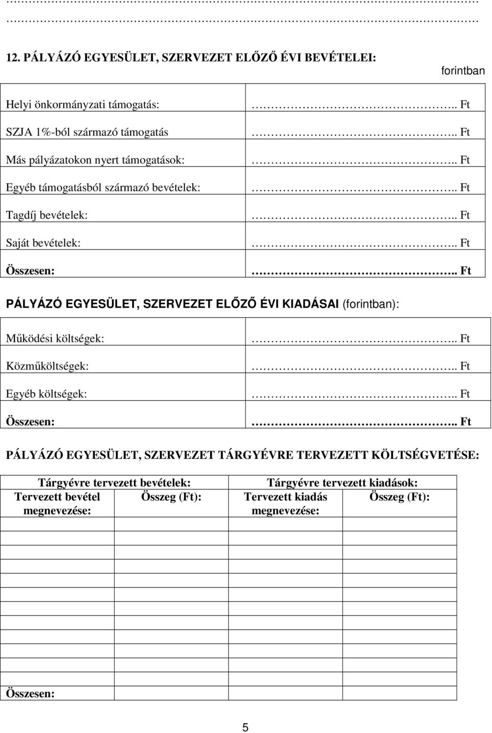 (forintban): Működési költségek: Közműköltségek: Egyéb költségek: Összesen: PÁLYÁZÓ EGYESÜLET, SZERVEZET TÁRGYÉVRE TERVEZETT KÖLTSÉGVETÉSE: