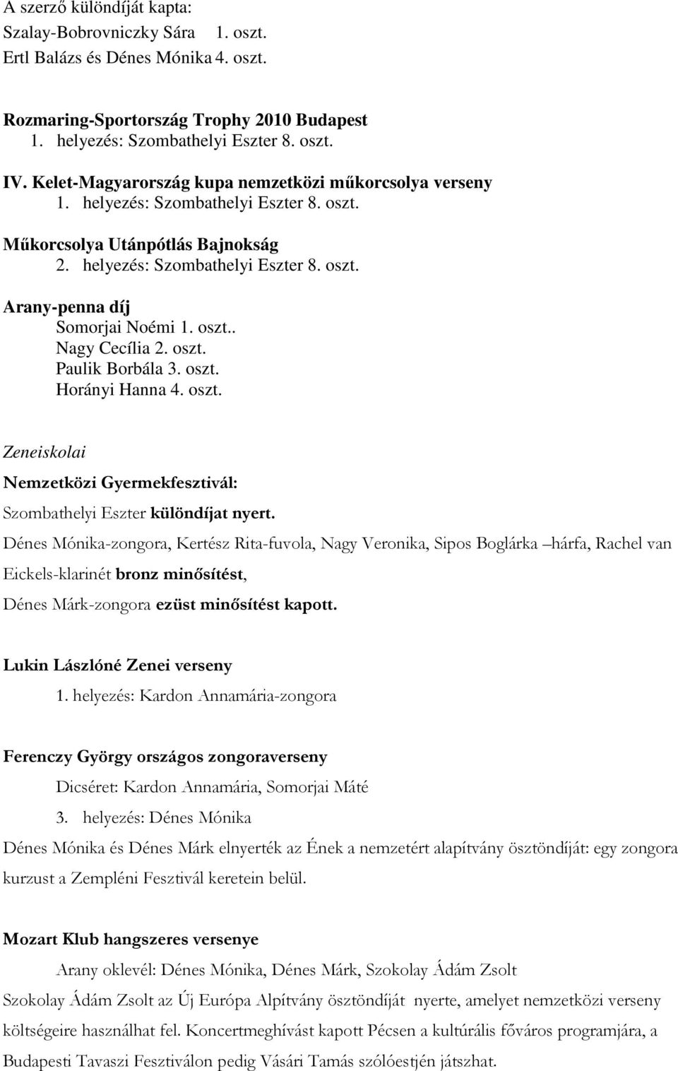 oszt.. Nagy Cecília 2. oszt. Paulik Borbála 3. oszt. Horányi Hanna 4. oszt. Zeneiskolai Nemzetközi Gyermekfesztivál: Szombathelyi Eszter különdíjat nyert.