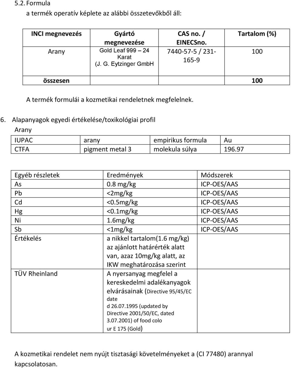 Alapanyagok egyedi értékelése/toxikológiai profil Arany IUPAC arany empirikus formula Au CTFA pigment metal 3 molekula súlya 196.97 Egyéb részletek Eredmények Módszerek As 0.