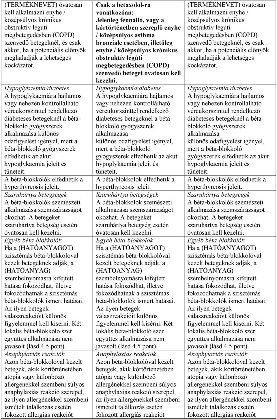 Hypoglykaemia/diabetes A hypoglykaemiára hajlamos vagy nehezen kontrollálható vércukorszinttel rendelkező diabeteses betegeknél a bétablokkoló gyógyszerek alkalmazása különös odafigyelést igényel,