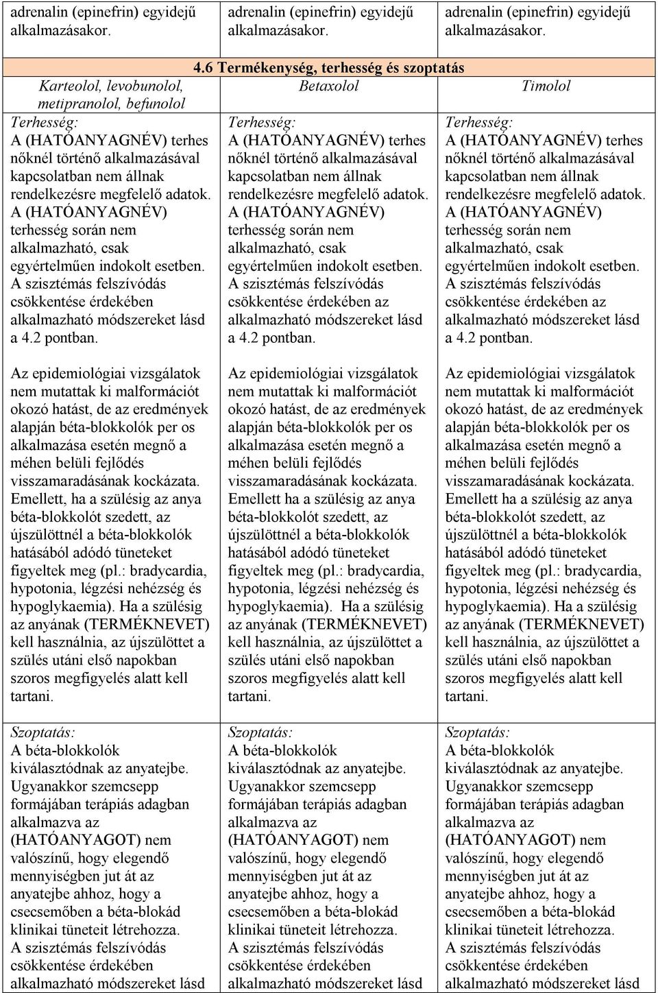 2 pontban. 4.6 Termékenység, terhesség és szoptatás Terhesség: A (HATÓANYAGNÉV) terhes nőknél történő alkalmazásával kapcsolatban nem állnak rendelkezésre megfelelő adatok.