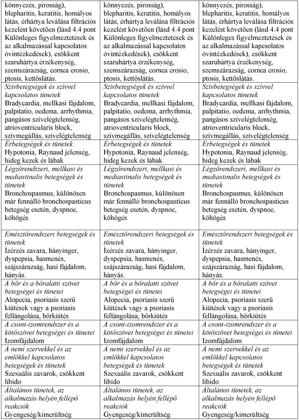 Szívbetegségek és szívvel kapcsolatos Bradycardia, mellkasi fájdalom, palpitatio, oedema, arrhythmia, pangásos szívelégtelenség, atrioventricularis block, szívmegállás, szívelégtelenség Érbetegségek