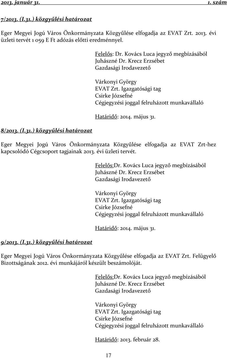 május 31. Eger Megyei Jogú Város Önkormányzata Közgyűlése elfogadja az EVAT Zrt-hez kapcsolódó Cégcsoport tagjainak 2013. évi üzleti tervét. 9/2013. (I.31.) közgyűlési határozat Felelős:Dr.  május 31.