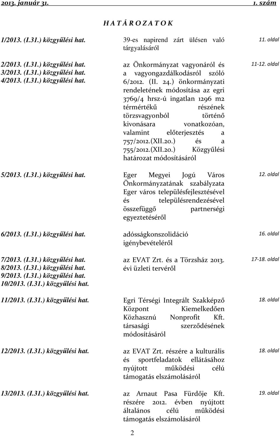 2.(XII.20.) és a 755/2012.(XII.20.) Közgyűlési határozat módosításáról 11-12. oldal 5/2013. (I.31.) közgyűlési hat.