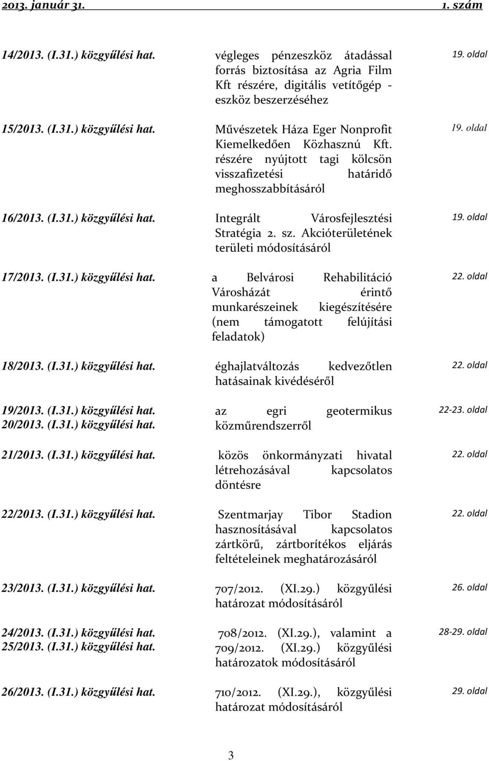 (I.31.) közgyűlési hat. a Belvárosi Rehabilitáció Városházát érintő munkarészeinek kiegészítésére (nem támogatott felújítási feladatok) 18/2013. (I.31.) közgyűlési hat. éghajlatváltozás kedvezőtlen hatásainak kivédéséről 19.