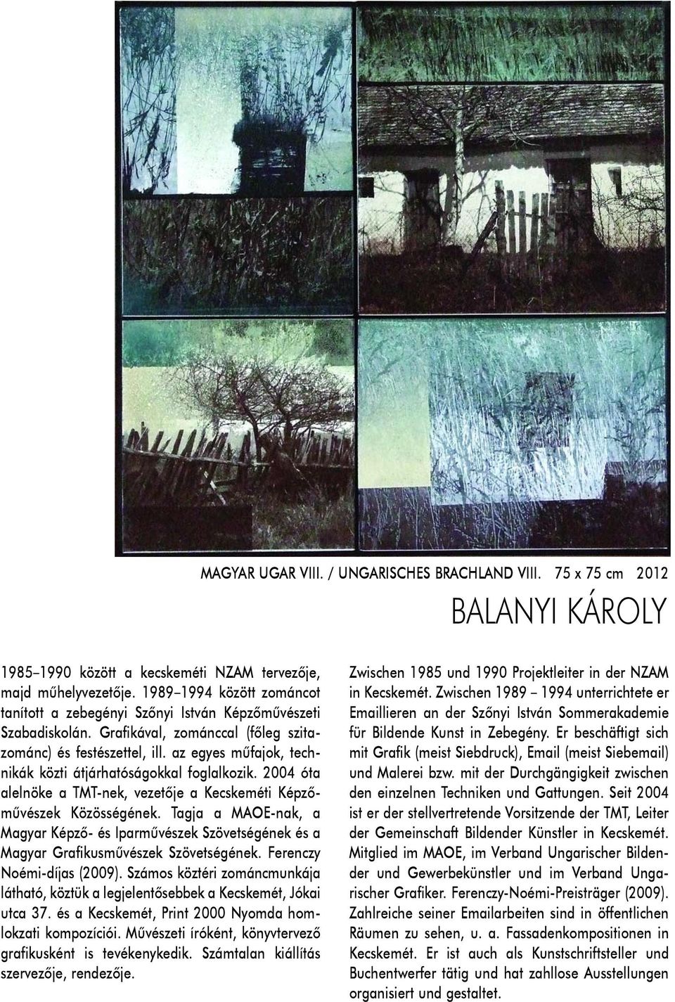 az egyes mûfajok, technikák közti átjárhatóságokkal foglalkozik. 2004 óta alelnöke a TMT-nek, vezetôje a Kecskeméti Képzômûvészek Közösségének.